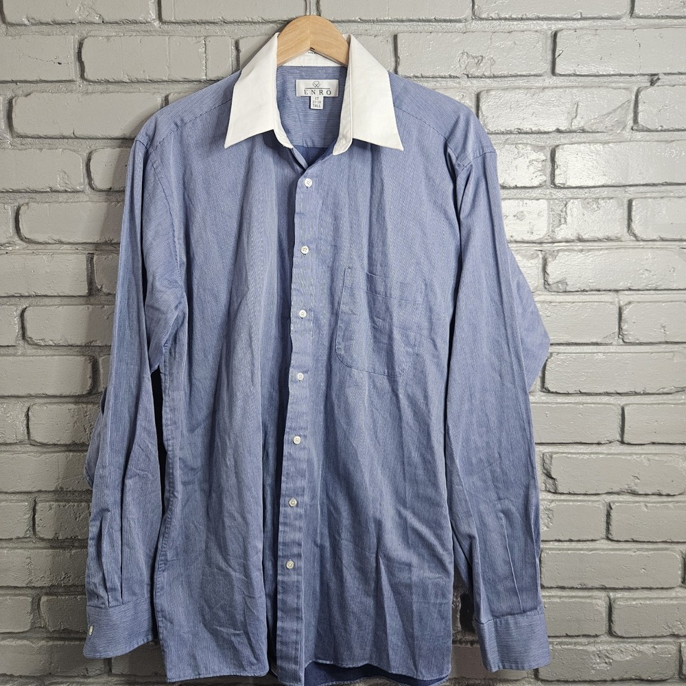 Enro Mens Dress Shirt 17 37-38 Tall Blue Preppy Striped Oxford Long‎ Sleeve